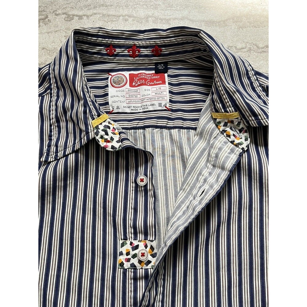 Robert Graham Striped Fleur de lis 46732 Flip Cuff Shirt Men’s Size Large L - Picture 4 of 13